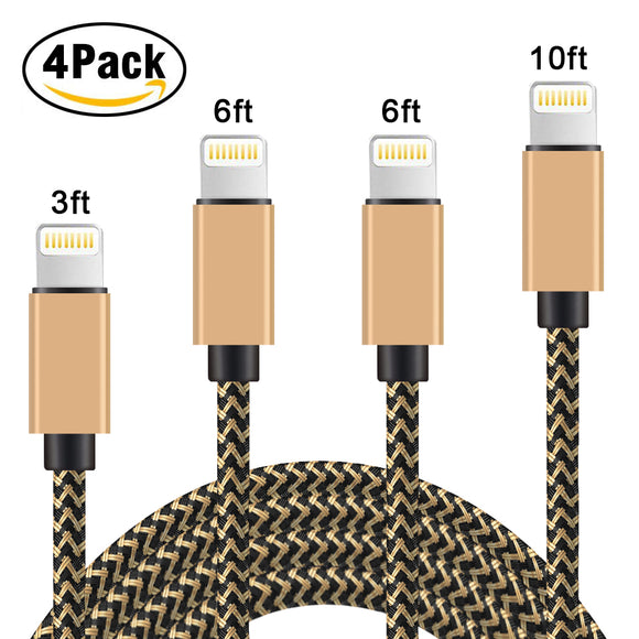 Lightning Cable, Phone Charger 4Pack 3FT 6FT 6FT 10FT,Nylon Braided Lightning to USB Charger Cord for iPhone X/iPhone 8/8 Plus/7/7 Plus/6s/6s Plus/6/6 Plus/5/5S/5C/SE/iPad/iPod