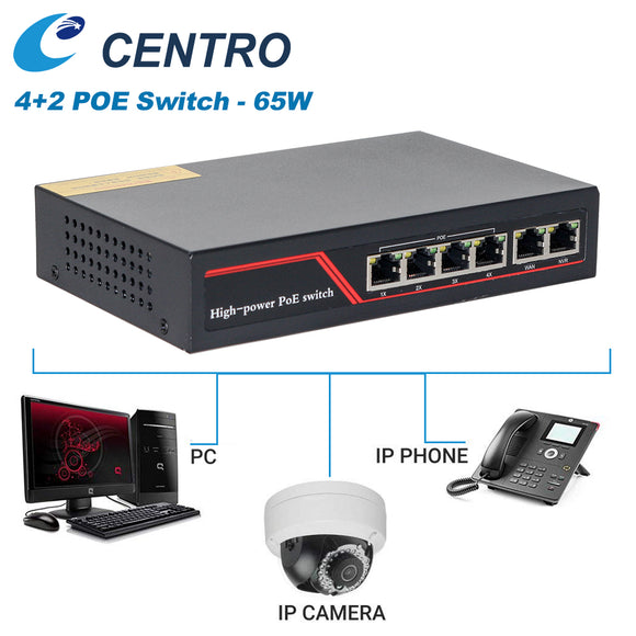 4+2 10/100M ports 4 POE Ports 2X RJ45 Uplink Unmanaged Switch IEEE802.3at 250M