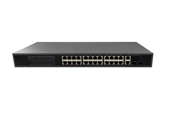 Gigabit Ethernet Unmanaged Rack Mount Switch with 24 RJ-45 10/100M Ports + 2 1000M Combo Port (RJ-45/SFP), (PoE-2026-24P-370)